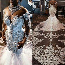 Luxury Crystal Beaded Mermaid Wedding Dresses with Long Sleeves Lace Appliqued Sheer Neck High Neck South African Beach Wedding Br240h