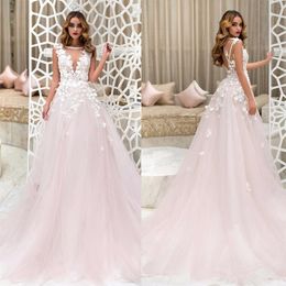 Blush Pink Wedding Dress Backless Sheer Neck 3D Floral Appliques Lace Tulle A Line Sweep Train Wedding Bridal Gowns Custom Made191h