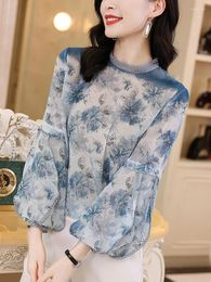 Ethnic Clothing 2023 Traditional Chinese Clothes For Women Blouse Shirt Vintage With Printed Lace Lantern Sleeves Standing Collar