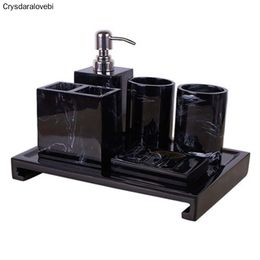 Sets Black Marble Pattern Tray Resin Bathroom Set Toothbrush Holder Soap Dispenser Soap Dish Men's Bathroom Accessories Set Home Deco