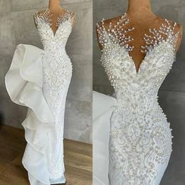 Luxurious Pearls Mermaid Wedding Dresses Beaded Crystals Lace Jewel Neck Sequined Bridal Gowns Robe de mariee260v