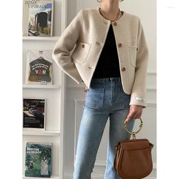 Women's Jackets Beige Colour Fashion Wool Blend Women Coat Winter Full Sleeves Pockets Elegant Formal Lady Clothing