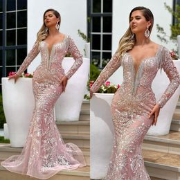 Gorgeous Mermaid Prom Dresses Square V-Neck Long Sleeves Applicants Tulle Backless Tassel Floor Length Gown Custom Made Plus Size Party Dress Vestido De Noite