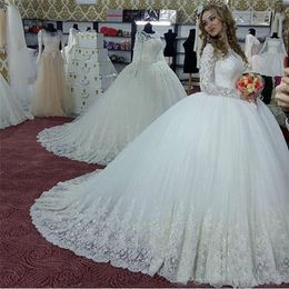 Vintage Long Sleeves Arabic High Neck Wedding Dresses with Appliques Beaded Long Bridal Ball Gown Wedding Dresses Vestidos de novi272Q