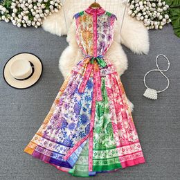 Casual Dresses 2023 Summer Runway Vacation Dress Women Sleeveless High Waist Contrast Flower Print Vintage Party Long Dress Vestidos