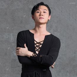 Stage Wear Latin Practise Tops For Men Long Sleeve V-Neck Bandage Collar Professional Rumba Shirt Tango Clothes Cha Costume DWY5242