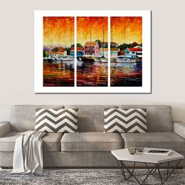 Famous Canvas Art Street Landscape Greece Fiskardos Set of 3 Palette Knife Painting Handmade Kitchen Decor