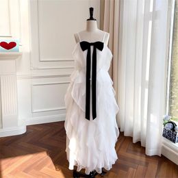 Casual Dresses Fashion Women Dress Evening Cocktail Party Lovely Grl Spring 2023 White Chiffon Spliced Black Large Bow Summer Dreses