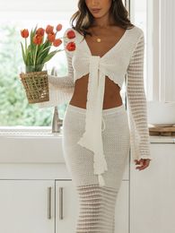 Two Piece Dres Knit Mesh 2 Outfit Cutout Tie Crop Tops and Maxi Skirt See Though Long Sleeve Swimwear Cover Up Set White L 230617