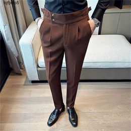 British Style Men High Waist Business Dress Pants Fashion Houndstooth Office Social Suit Wedding Groom Casual Trousers 28-36 DM9K DM9K