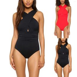 Women's Swimwear One Piece Swimsuit Women Sexy Cross Bandage High Waist Padded Solid Backless Bikini Halter Tankini Female Bathing Suit