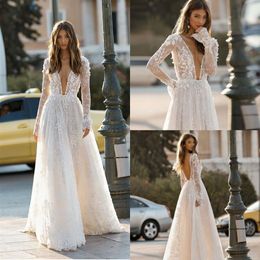 Berta 2019 Beach Wedding Dresses Lace Long Sleeve 3D Floral Appliques Tulle Plus Size Wedding Dress Backless Bridal Gowns Custom M3280
