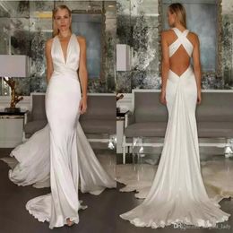 2018 Mermaid Wedding Dresses Beach Sexy Simple Cross Belt Open Back Casual Deep V Neck sgreek goddess leeveless Wedding Dress224b