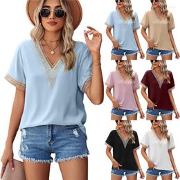 Women's Blouses Women Fashion Style Shirts Short Sleeve Streetwear Ladies Summer Sky Blue Patchwork V-Neck Casual Shirt Tops