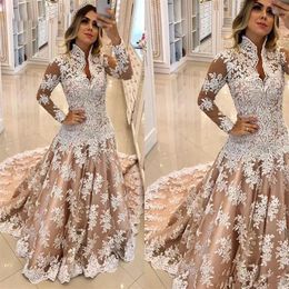 Newest Champagne Mermaid Muslim Wedding Dresses High Collar Appliques With Pearls Wedding Gown Sweep Train Country Bridal Dress296e