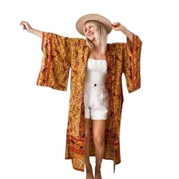 Dress Bohemian Oversized Loose Fit Floral Print Cotton Boho Chic Kimonos Blusas Female Cover Ups Lady Long Robes