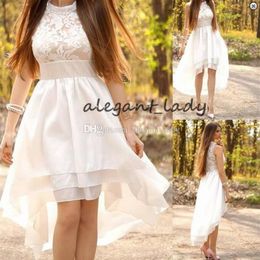 High Low Beach A-line Wedding Dresses High Neck Lace Chiffon Tiered Skirt Western Cowlgirl Country Short Wedding Bridal Informal D2449