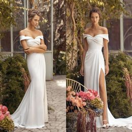 Graceful Off Shoulder Sheath Wedding Dresses Sexy 2020 High Sit Split Boho Beach Garden Bridal Gowns Sweep Train robes de mariee A2110