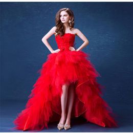 Red High Low Wedding Dresses with Feather and Flowers 2019 Sweep Train Wedding Gowns Vestido De Novia2629