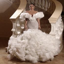 Off the Shoulder Wedding Dresses Multilayered Ruffles Bridal Gown Custom Made Tulles Sweetheart Sweep Train Appliques Robes De Mar278s