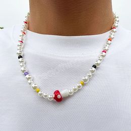 Y2K Imitation Pearl Beads with Mushroom Choker Necklace Men Trendy Beaded Chains on Neck Jewelry Accessories Fashion Gifts