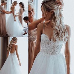 2019 Simple Tulle A Line Boho Wedding Dresses Sweep Train Spaghetti Straps Beaded Pearls Beach Bridal Gowns Custom Made224C