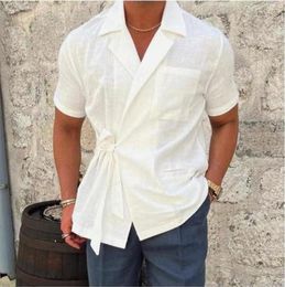 Men's Casual Shirts Men's Solid Shorts Sleeve Cotton Linen Summer Lace Up Cardigan Tops Fashion Loose Shirt Male Streetwear