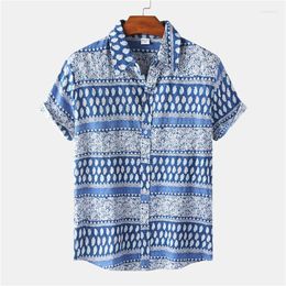 Men's Casual Shirts Mens Breathable Hawaiian Blue Tribal Floral Geometric Ethnic Paisley Pattern Printed Button Up Shirt