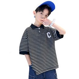 Polos T-Shirts for Boys Short Sleeve Striped Printing Polo Shirt Summer Fashion Cool Tees Tops Kids Teens 4 6 8 10 12 14 Years Old 230617