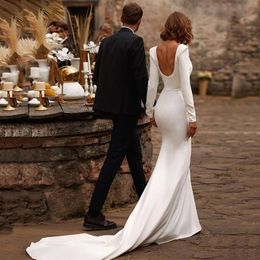 2022 Elegant Wedding Dress Mermaid Square Long Sleeves Satin Bridal Dresses U-Shape Backless Brides Gown288T