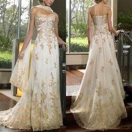 Retro Ivory And Gold Strapless Lace Wedding Dresses Bridal Gowns For Women Appliqued Beads Long Elegant Bride Dress Formal Plus Si332P