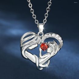 Pendant Necklaces Selfless Mom Love Baby Big Heart Chain For Women Red Zircon Clavicle Necklace Silver Colour Mother Day Jewellery
