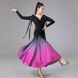 Stage Wear Gradient Long Sleeve Latin Dance Dress Sexy V-Neck Ballroom Competition Dresses Clothes SL6049
