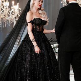 Robe de Mariee черное свадебное платье с блестками иллюзия с плеча