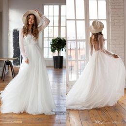 2019 Summer Beach Sexy Open Back Reception Gowns A Line Romantic Bohemian Bridal Gowns Lace Boho Wedding Dresses Long Sleeve Weddi303U