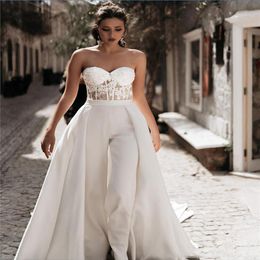 Fashion jumpsuit Wedding Dresses With Detachable skirt Floor Length Custom Made Sweetheart Lace Appliqued Beach wedding dress276r