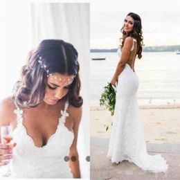 Sexy Backless Mermaid Wedding Dresses Full Lace Spaghetti Straps Sweep Train Bride Dress Beach Boho Wedding Gown Custom Made1850