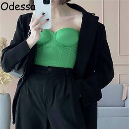 Tanks Odessa Sexy Y2K Strapless Solid Crop Corset Top Green Off Shoulder Tube Women Backless Satin Slash Neck Corsets Tank Summer 2021