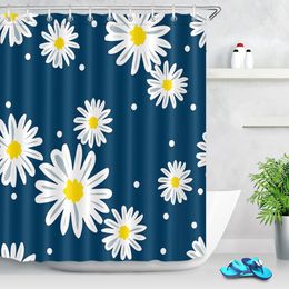 Curtains White Daisies Flowers Shower Curtains Mildewproof Fabric Floral Wood Texture Print Fabric Bathroom Decor Bath Curtain with Hooks