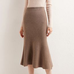 Zocept 2021 New Trumpet Skirt Women 100% Wool Mermaid Skirts Fashion Solid Knitted High Waist Mid-Calf Skirt High Elastic