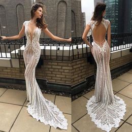 Sexy Berta 2020 Illusion Mermaid Wedding Dresses Deep V Neck Lace Appliqued Bridal Gowns Vestido De Novia Cap Sleeve Beach Wedding2500