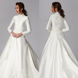 2020 Modest Muslim Wedding Dresses A Line Satin Appliques High Neck Country Bridal Gowns Sweep Train Long Sleeve Bohemian Wedding 233x
