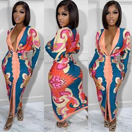 Casual Dresses 2023 Full Sleeve Print V-neck Long Maxi Dress Holiday Lady Women Deep Female Ladies Sexy Beach