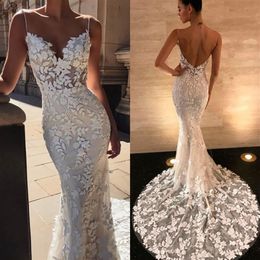 Gorgeous Open Back Spaghetti-Straps Mermaid Wedding Dresses Leaves Lace Zipper Back Fashion Bridal Wedding Gowns Illussion Top 2012463