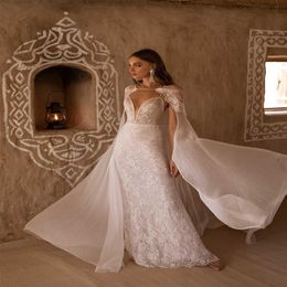 Asaf Dadush Mermaid Wedding Dresses With Cape Spaghetti Strap Lace Pearls Beach Wedding Gown Backless Summer Bridal Dress robe de 2443