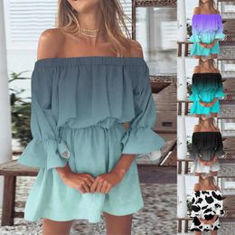 Casual Dresses Boho For Women 2023 Summer Sexy Off Shoulder Color Gradient Flare Sleeve Tunic Dress Mini Sundress Vestido