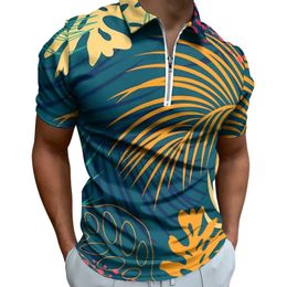 Men's Polos Colorful Plants Polo Shirts Man Leaves Print Casual Shirt Day Y2K Zipper T-Shirts Short-Sleeved Graphic Oversized Clothing 230617