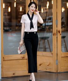 Women's Blouses Fashion Two Piece Women Business Suits With Pant And Top Sets Ladies Summer Short Sleeve OL Styles