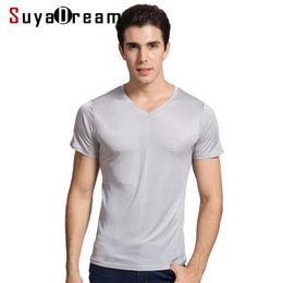 Men's T-Shirts SuyaDream Men basic T shirt Natural Silk V neck Solid Short Sleeve Shirts White Black Grey Spring Summer Top 230617