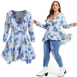 Women's T Shirts ROSEGAL Plus Size Sexy Low Cut Blouses Fashion Female Ruffled Floral Print Tops Women Daily Vacation Streetwear Tees Light